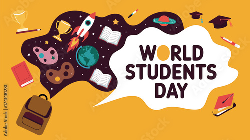 Vector art of world students day celebration with abstract shapes, school supplies, and graduation caps, conveying a sense of achievement and global education