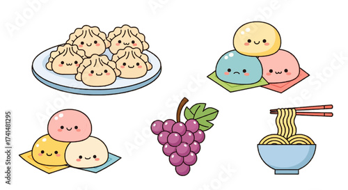 This image features a collection of cute, cartoon-style illustrations of various food items