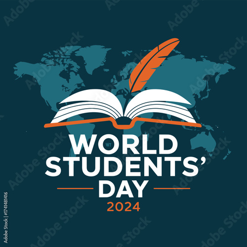 Vector art of open book with quill pen on world map background, celebrating world students day with text and year 2024