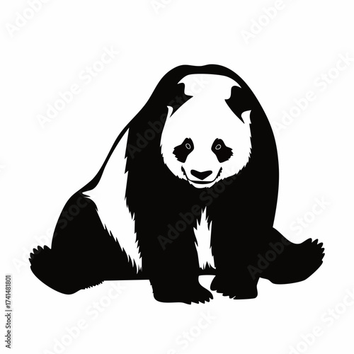 Striking black and white illustration of a giant panda, presented as a bold, clean silhouette in a calm sitting pose, embodying the unique charm of this beloved wild animal