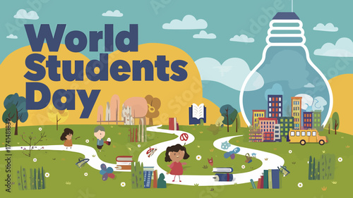 Vector art of world students day illustration with children, books, and a lightbulb symbolizing knowledge and education, set against a colorful landscape