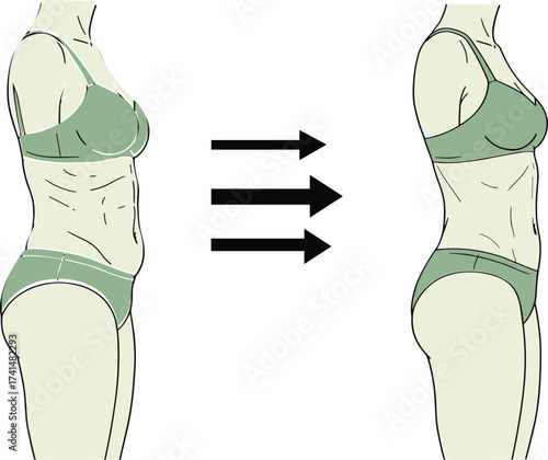 Before and after body transformation illustration, female fitness concept, weight loss vector, slim waist design, healthy lifestyle clipart, workout results art, exercise graphic