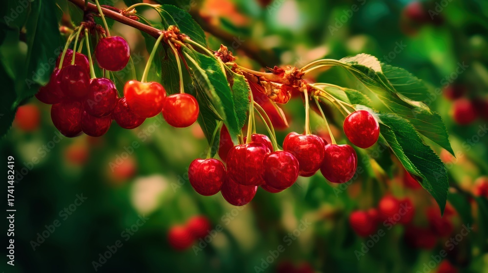 Obraz premium Fresh red cherries on a branch surrounded by green foliage in a lush garden setting