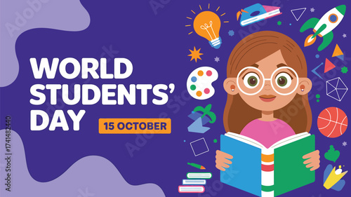 Vector art of world students day on october 15th with a girl reading a book surrounded by educational icons on a purple background