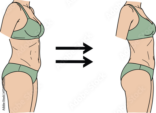 Before and after fitness transformation illustration, female weight loss vector, slim waist drawing, healthy lifestyle concept, workout results art, exercise training clipart, body shape design