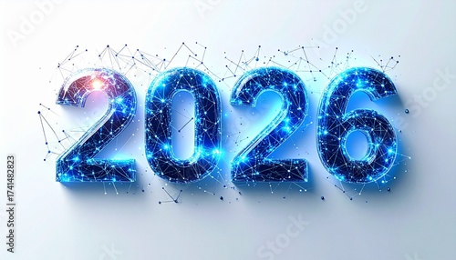 Technological concept for the New Year 2026 featuring a glowing blue digital number formation with network connections on a white background
