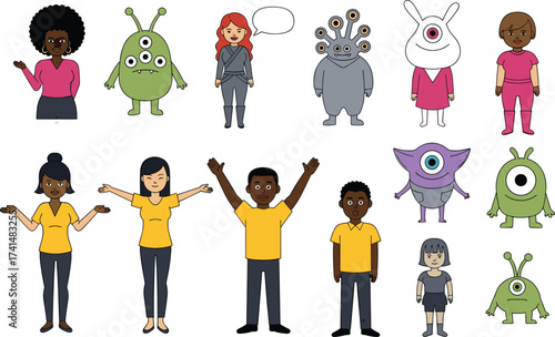 Cartoon characters set, diverse people illustration, funny aliens vector, multicultural avatars design, cute monsters clipart, children drawing, fantasy creatures art, comic style