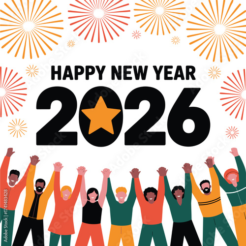 Happy New Year 2026 Celebration Vector – Diverse People Holding Hands with Fireworks and Star Design