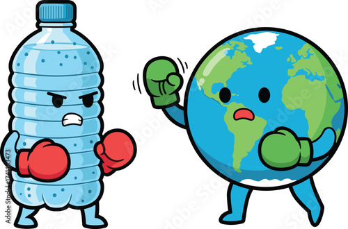Cartoon illustration plastic bottle fighting Earth, boxing gloves environmental pollution concept, climate change awareness artwork, cute planet conservation design, sustainability vs plastic waste