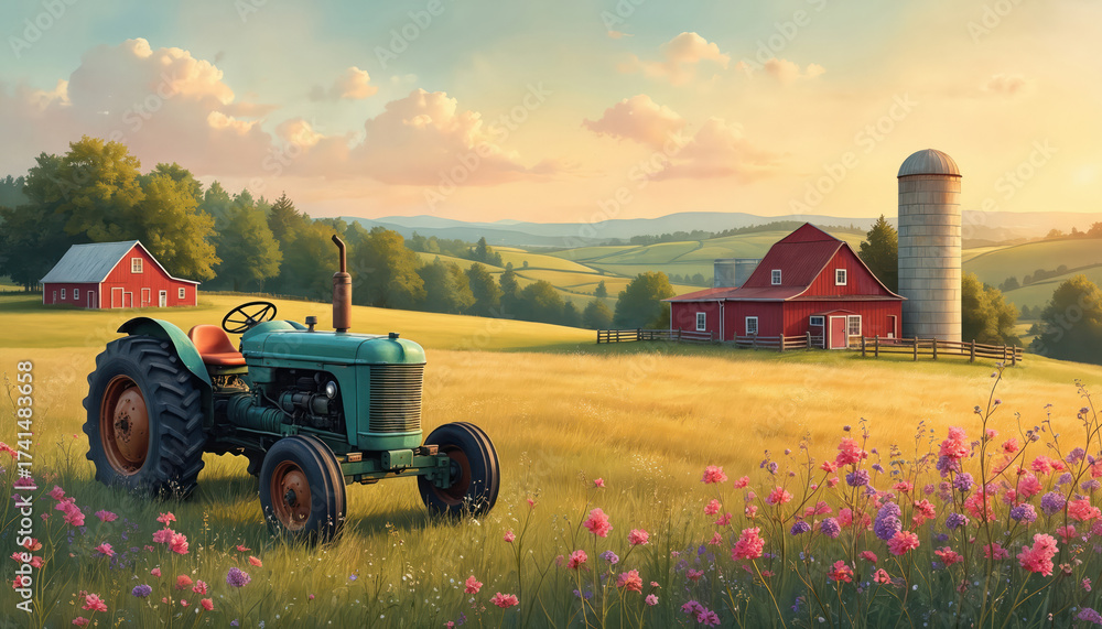 Obraz premium Vintage farm landscape with teal tractor barn silo and meadow flowers. Golden hour light scene, rolling hills view. Peaceful rustic farm illustration for posters and prints.