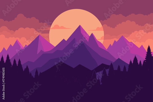 Mountain range with trees and a sunset landscape view