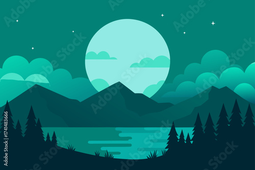 Scenic mountain range with trees and sunset backdrop