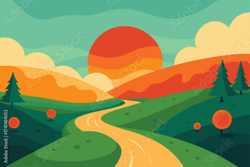 Illustration of a landscape with sun and winding road