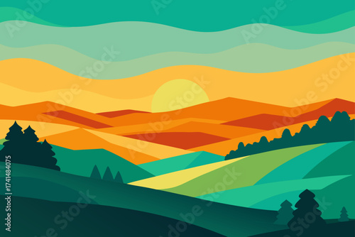 Illustration of a landscape with hills and sunset
