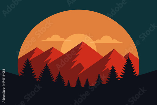 Illustration of mountains with trees and sunset view