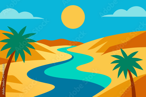 Desert landscape with river and palm trees cartoon