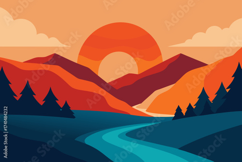 Illustration of mountains river and setting sun view