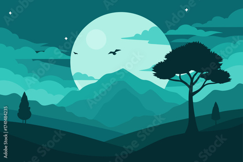 Landscape with moon mountains and trees in teal tones