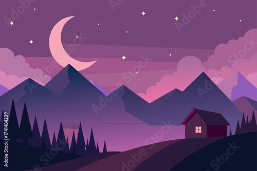 A house under the moon and stars in the mountains