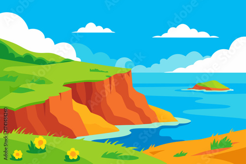 Coastal landscape with cliffs and island illustration