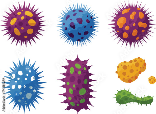 Colorful bacteria and virus cells illustration, microscopic pathogen organisms, medical microbiology vector art, infectious disease concept, healthcare, science education, biology diagram design