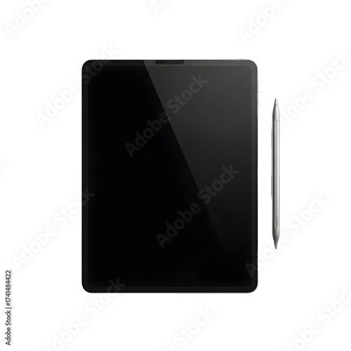 Black tablet with pen isolated on transparent background, a versatile device for digital art, notetaking, and productivity on the go