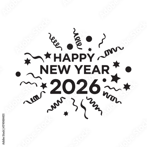 Bold Happy New Year 2026 Typography with Stars and Curly Ribbons