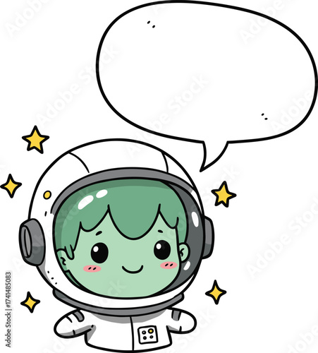 Cute cartoon astronaut illustration with green alien child face, kawaii space explorer art, adorable cosmic character drawing, funny galaxy design, space suit vector