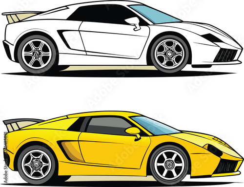 Sketch and illustration of a yellow sports car side profile
