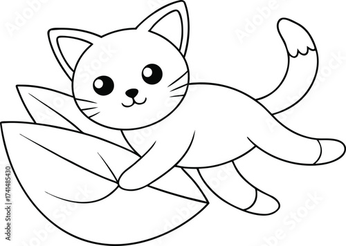 Curious Cat Pouncing Playfully on a Fluttering Autumn Leaf Line Art Vector illustration