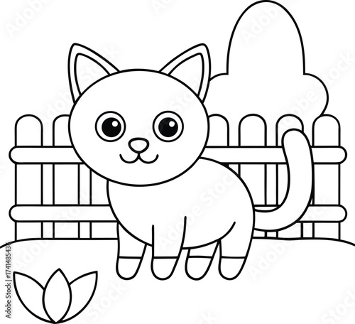 Charming Cat Playing Joyfully in a Lush Backyard Garden Line Art Vector illustration