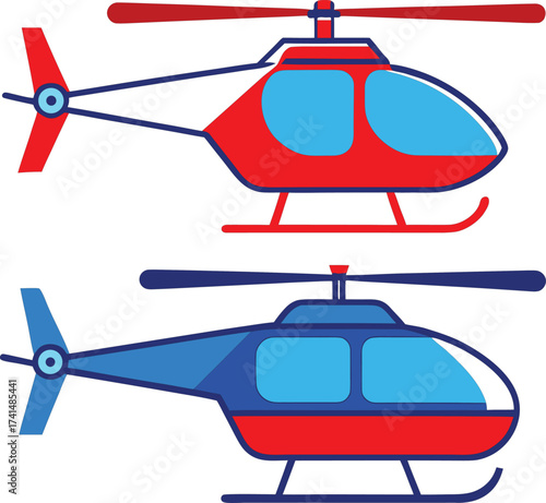 Two colorful cartoon helicopters in red and blue with white backgrounds