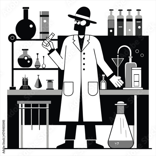 Scientist in a lab coat and hat holding a test tube