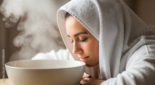 Relaxation Steam Therapy with Towel Over Head. Home Spa, Self-Care, Sinus Relief, & Wellness. Aromatherapy Treatment.

