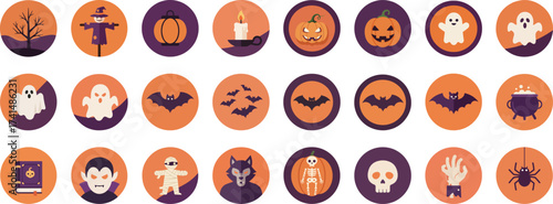 24 Halloween-themed flat icons in round badges with deep purple and bright orange palette