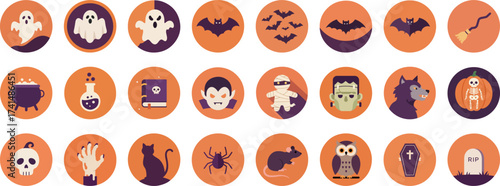 24 Halloween-themed flat circular icons with ghost, vampire, mummy, bat, witch, cauldron, skull, zombie hand, black cat, spider, rat, owl, coffin, tombstone, and RIP text