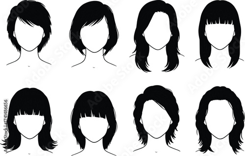 Female hairstyle silhouette collection, woman haircut vector set, fashion hair illustration, modern hairstyle icons, beauty salon design, stylish haircuts, editable template