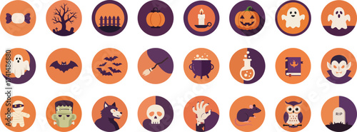 Halloween Icon Set of 24 Flat Circular Icons with Orange and Purple Palette
