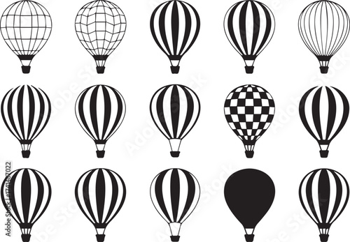 set of stylized hotairballoon silhouettes and patterned envelopes black and white ai eps png jpeg