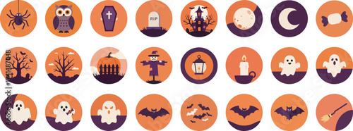 24 Halloween-themed flat circular icons on bold orange background