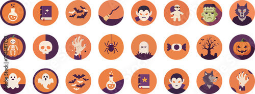 24 Halloween-themed flat cartoon icons in round badges on gradient background