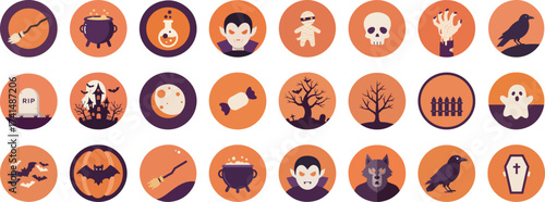24 Halloween-themed flat circular icons on orange gradient background
