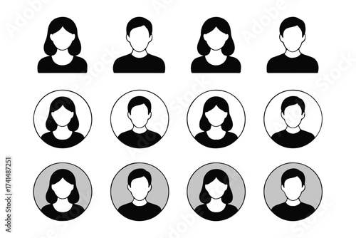 minimal monochrome avatar pack user profile icons in circle and plain styles for ui and social projects