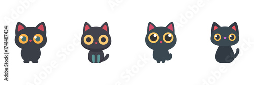 Black Cat Halloween Icon Set, Cute Cartoon Cats With Big Eyes Sitting And Standing Poses Isolated On Transparent Background