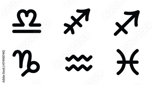 Vector art of zodiac signs libra, scorpio, sagittarius, capricorn, aquarius, pisces astrological symbols for horoscopes