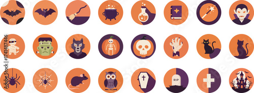 24 Halloween-themed flat icons in circular frames with orange and purple palette