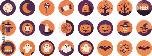 24 Halloween-themed icons in circular frames with warm orange and deep purple palette