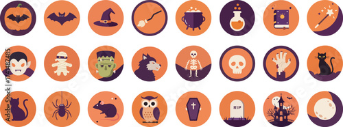 24 Halloween-themed circular icons with orange and purple palette
