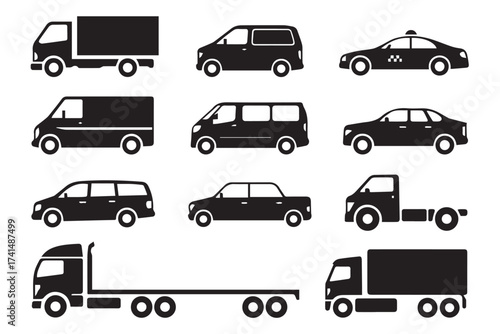 automotive silhouette vector set fleet delivery truck van car flatbed semi icon pack