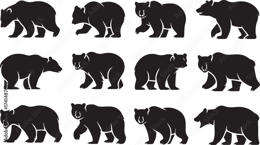 Obraz premium black bear silhouette collection poses minimal vector illustrations